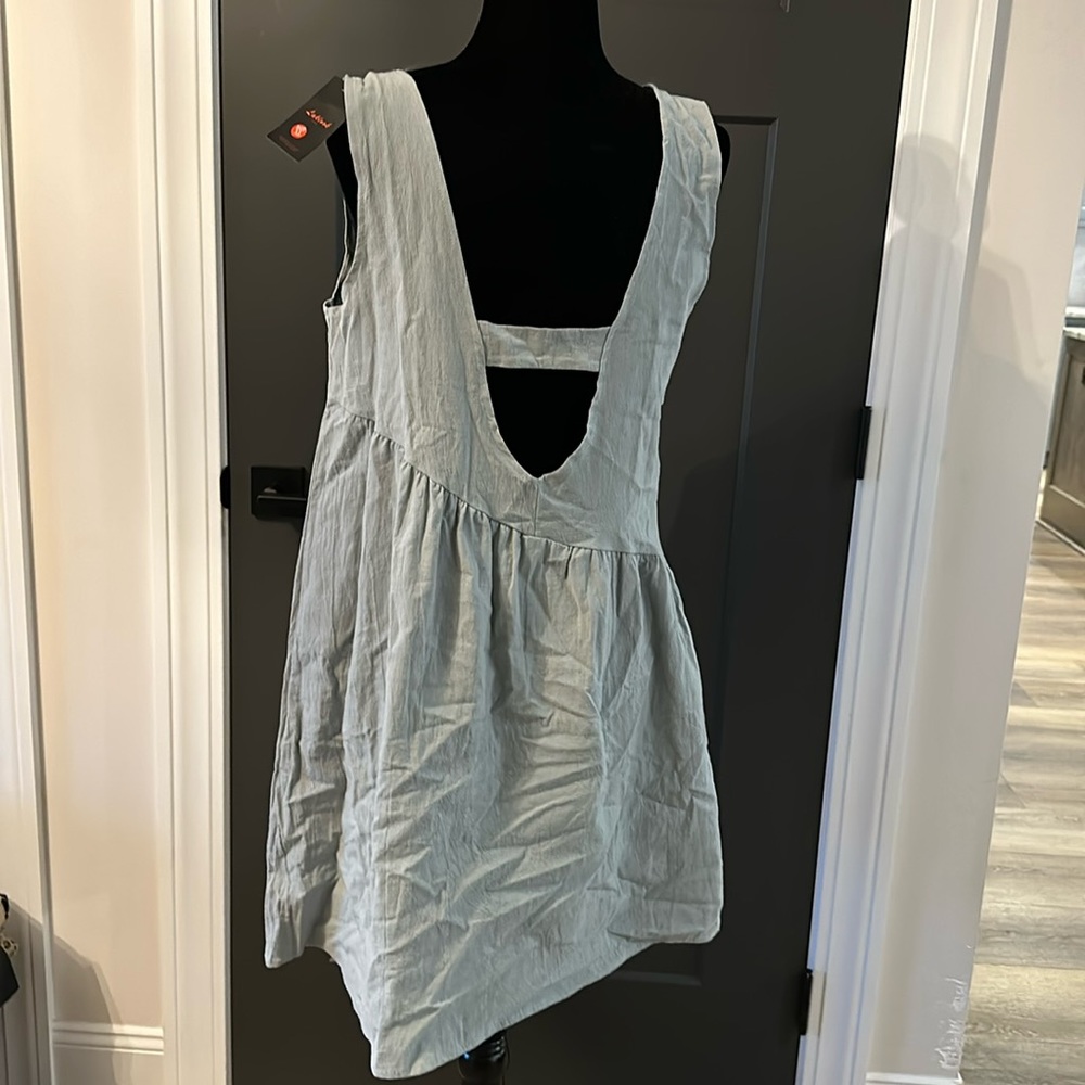 Linen-like fabric Pale blue open back dress XL